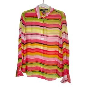 Linda Allard Ellen Tracy Silk Sheer Striped Button Up Top Colorful Pink Size 12